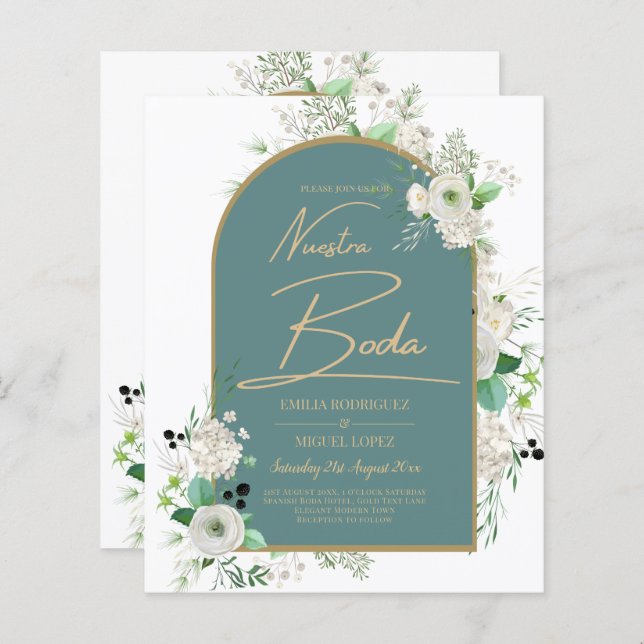 Eleganta vita rosor Nuestra Boda spansk bröllopsfe (Fram/baksida)