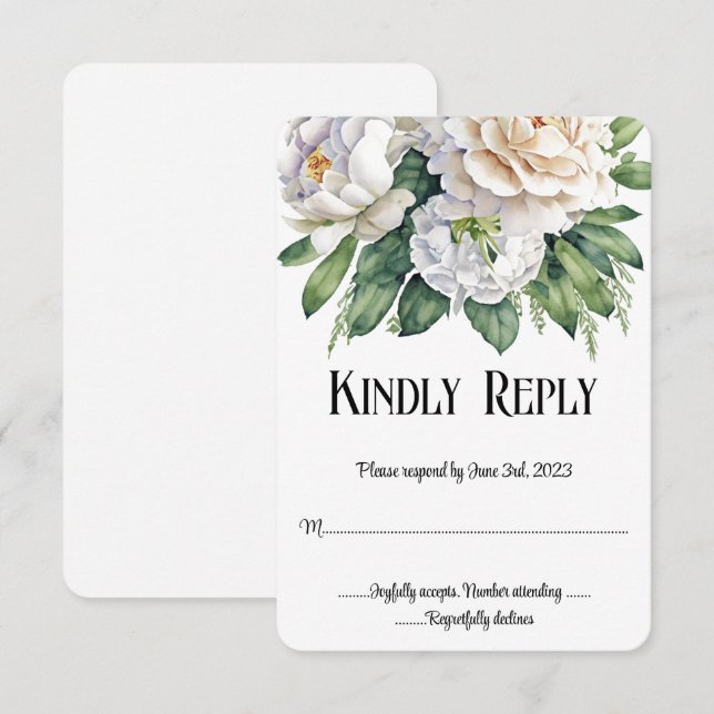 Eleganta vita rosor och peonior bröllop RSVP OSA Kort (Fram/baksida)