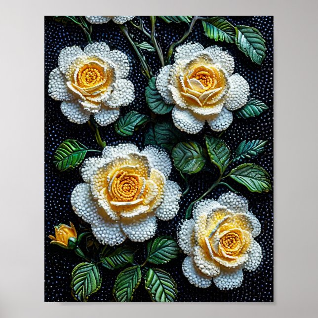 Eleganta vita rosor prickmålning blomsterkonst poster (Framsidan)