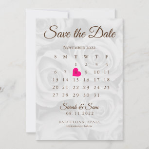 Eleganta vita rosor Spara datum kalender bröllop Inbjudningar