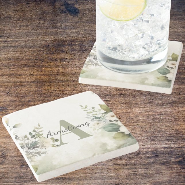 Eleganta vita vildblommor & grönska monogram stenunderlägg (Skapare uppladdad)