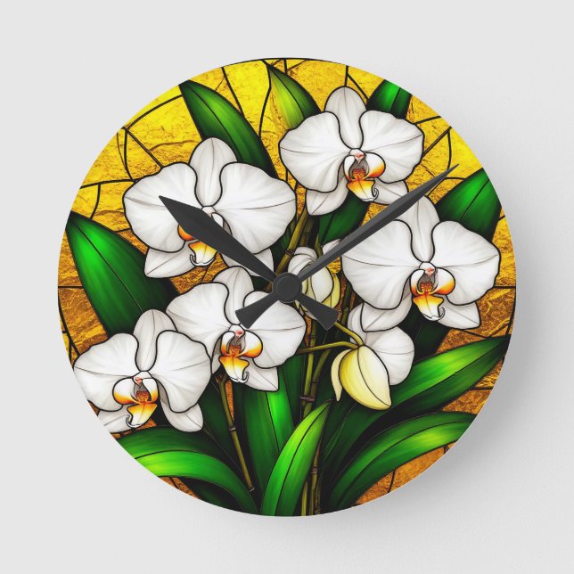 Eleganta vitra orkidéer i blyglas rund klocka (Framsida)