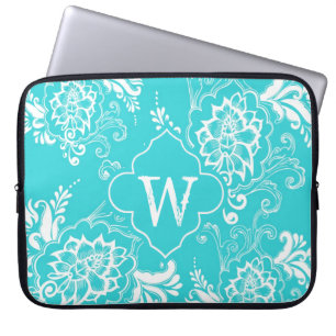Elegantaqua blue dekorative blommigt monogram laptop sleeve