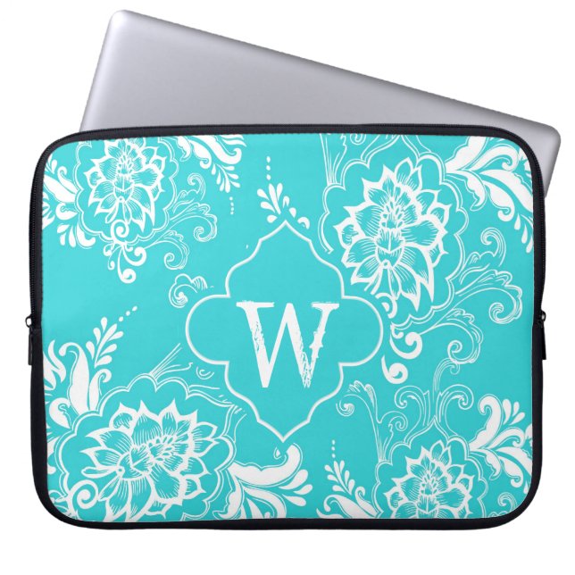 Elegantaqua blue dekorative blommigt monogram laptop sleeve (Framsidan)