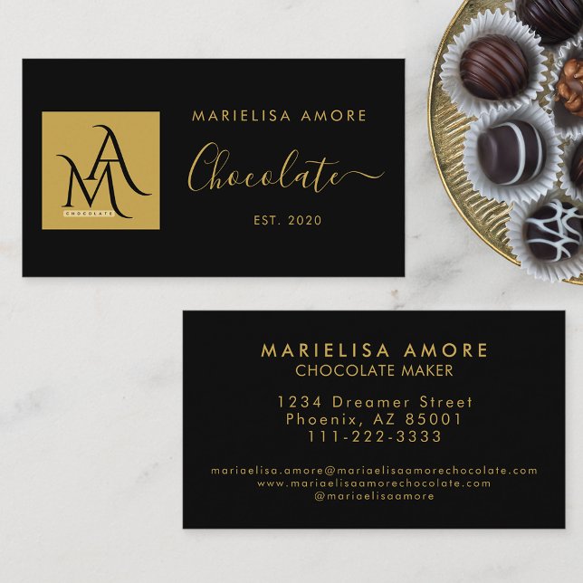 ElegantBlack Gold Script Logo Chocolate Branding Visitkort (Skapare uppladdad)
