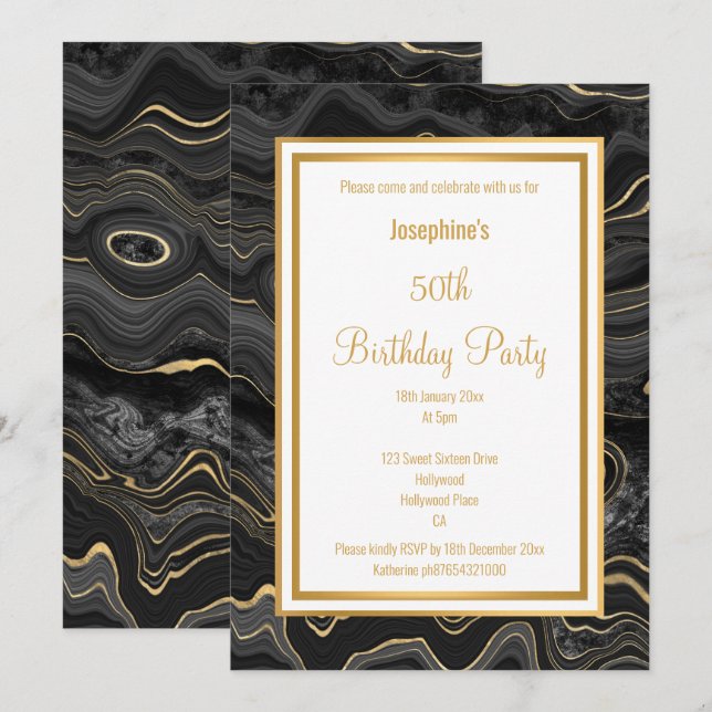 ELEGANTBLACK GULD MARBLE BIRTHDAY INBJUDNINGAR (Fram/baksida)