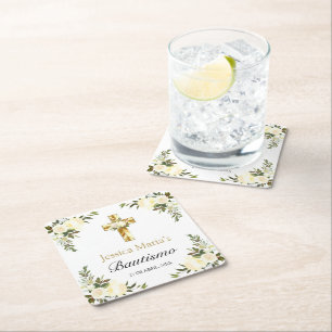 Elegante Bautismo Blommigt Blanco Underlägg Papper Kvadrat