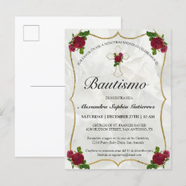 Elegante Bautismo de Bebé de Oro Rosa Rojo Inbjudan Vykort