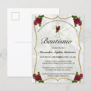 Elegante Bautismo de Bebé de Oro Rosa Rojo Inbjudan Vykort