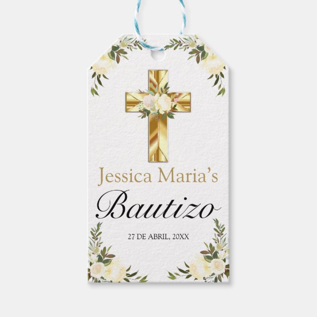 Elegante Bautizo de Bebe Blommigt Blanco Presentetikett (Framsidan)