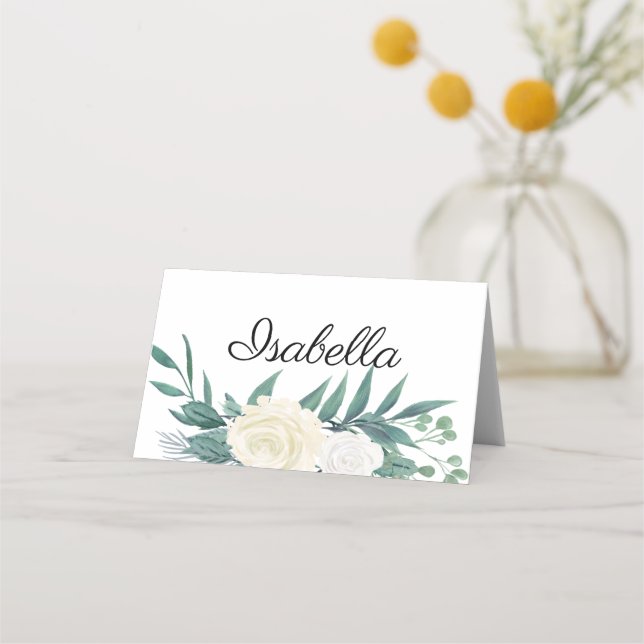 Elegante Blumen Grün Weiss Placeringskort (Framsida)