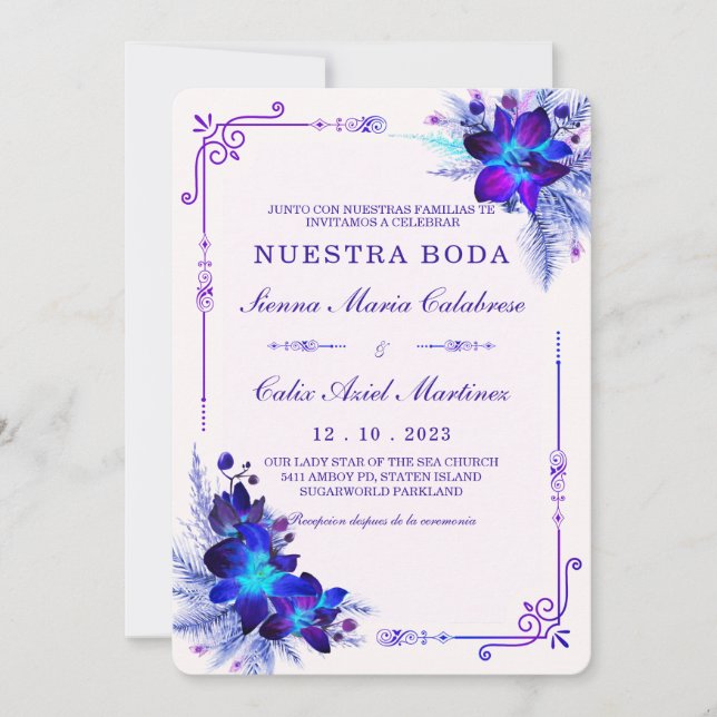 Elegante boda con orquídeas azules y moradas inbjudningar (Framsida)