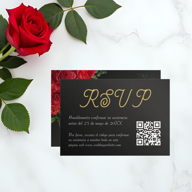 Elegante Boda de Rosas QR Code OSA kort (Sleek spanish RSVP card with black background and rose accents)