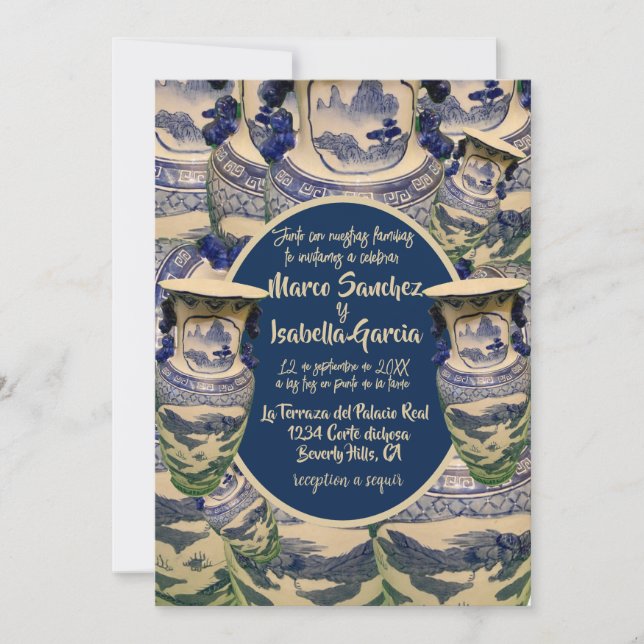 Elegante boda en estilo chinoiserie azul y blanco inbjudningar (Framsida)