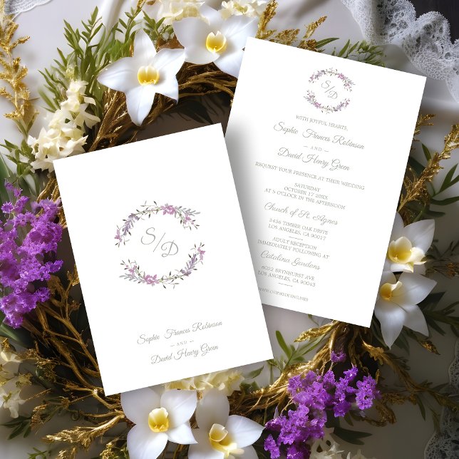 Elegante Boda Lilac Blommigt Garland Inbjudningar (Sophisticated Elegant Lilac Floral Wedding Garland Invitation Card.)