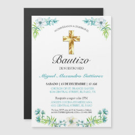 Elegante Cruz y Flores Para Niño Bautizo Magnetisk Inbjudningskort