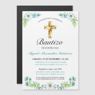 Elegante Cruz y Flores Para Niño Bautizo Magnetisk Inbjudningskort