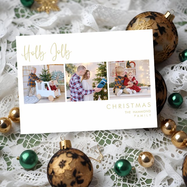 Elegante Efecto Oro Holly Jolly 3 Fotos Navidades Julkort (Elegant Gold Effect Holly Jolly 3 Photos Christmas Holidays Cards.)