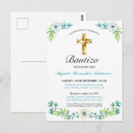 Elegante Flores y Cruz Para Niño Bautizo bjudatio Vykort