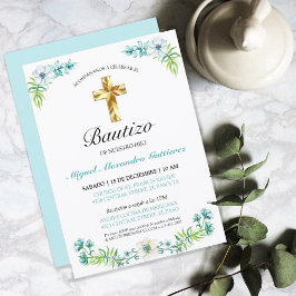 Elegante Flores y Cruz Para Niño Bautizo Inbjudningar