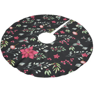 Elegante Grönt Guld Löv och Red Holly Berries Julgransmatta Borstad Polyester