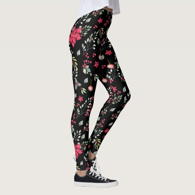 Elegante Grönt Guld Löv och Red Holly Berries Leggings (Höger)