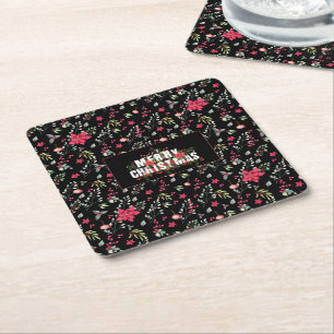 Elegante Grönt Guld Löv och Red Holly Berries Underlägg Papper Kvadrat