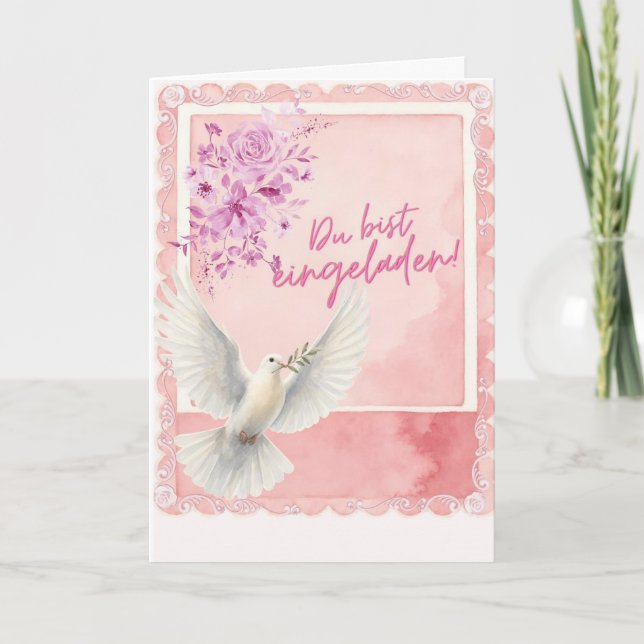 Elegante Hochzeitskarte mit Taube, Pfingstrosen &  Kort (Framsida)