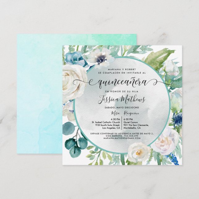 Elegante Invación de Quinceañera Aqua Turquesa I Inbjudningar (Fram/baksida)
