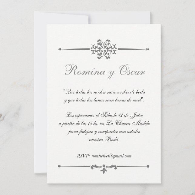Elegante Invitación para bodas en Español. Inbjudningar (Baksida)