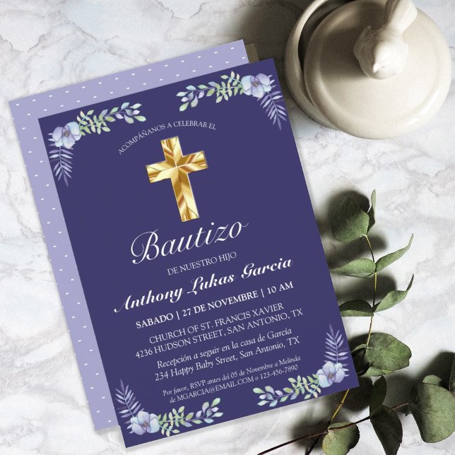 Elegante Lavanda Cruz De Oro Bautizo Bebé Invati Inbjudningar (Skapare uppladdad)