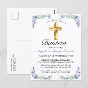 Elegante Lavanda Cruz De Oro Bautizo Bebé Invati Vykort