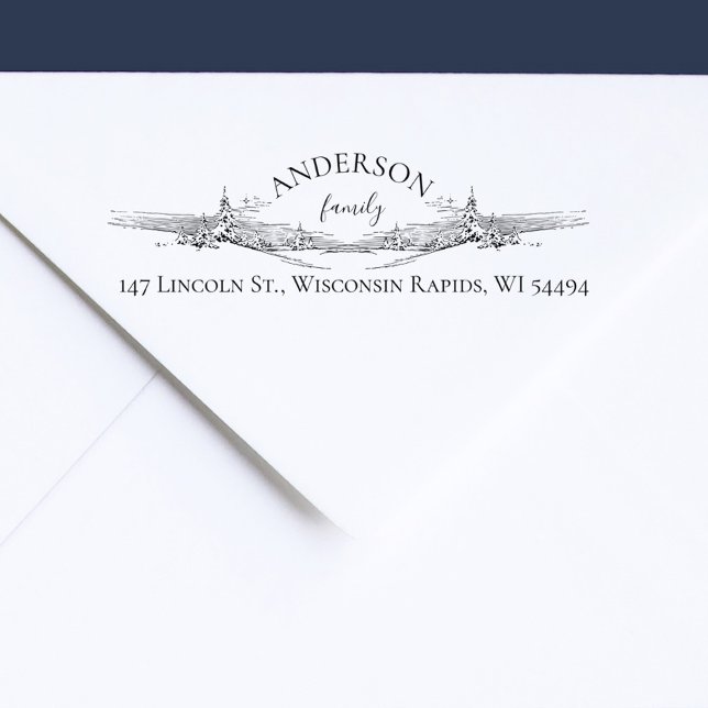 Elegante Rústico De Pinos De Nieve Dirección De Re Självfärgande Stämpel (Winter Snowy Landscape with Pine Trees Elegant Family Return Address Stamp)