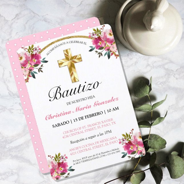 Elegante Tinta Blommigt Bautizo Cruz De Oro Inbjudningar (Elegante Tinta Floral Bautizo Cruz De Oro Invitation)