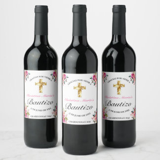 Elegante Tinta Blommigt Bautizo Cruz De Oro Vinflaska Etikett