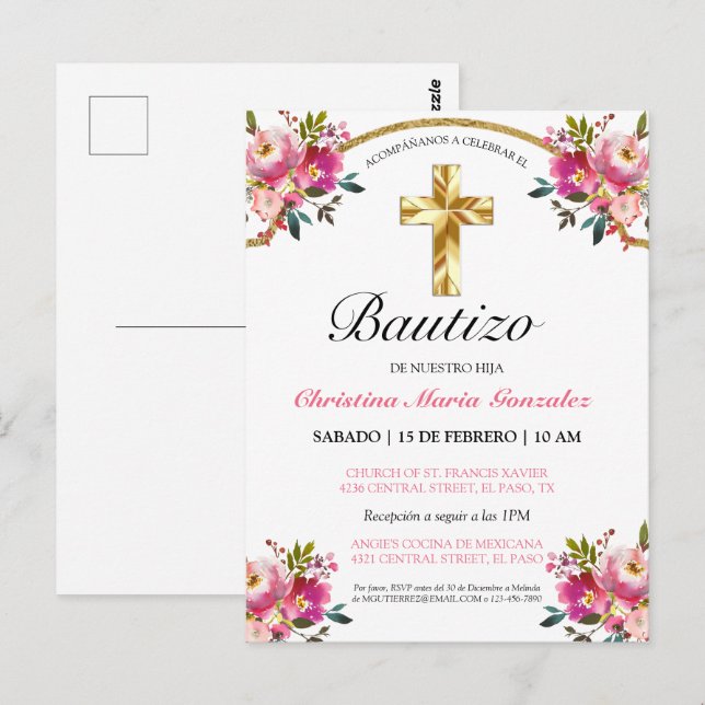 Elegante Tinta Blommigt Bautizo Cruz De Oro Vykort (Fram/baksida)