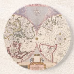Eleganten Antique World Map Lithograph Underlägg Sandsten