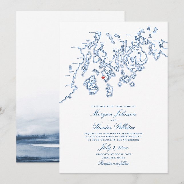 Eleganten Aragosta Bröllop, blått Hjort Isle Maine Inbjudningar (Fram/baksida)