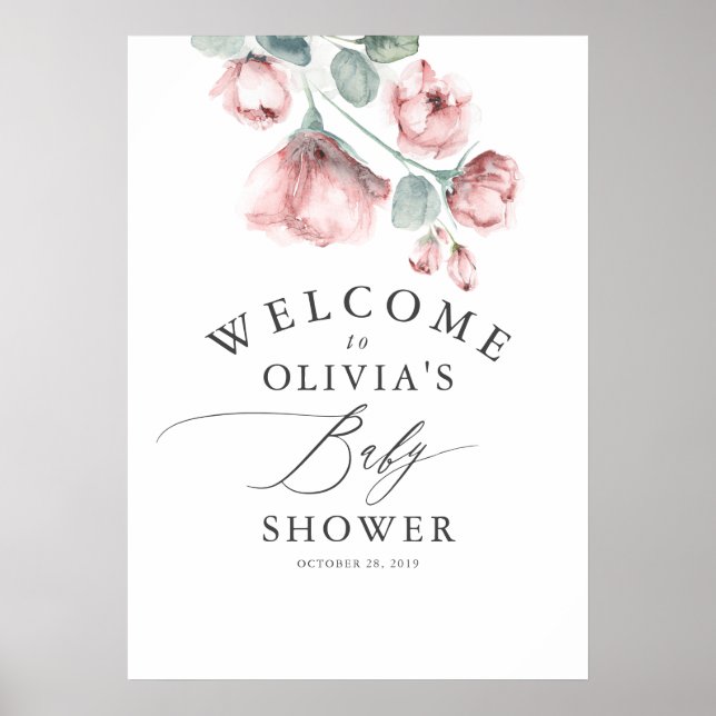 Eleganten Baby Shower för Dusty Ro Blommigt  Välko Poster (Framsidan)