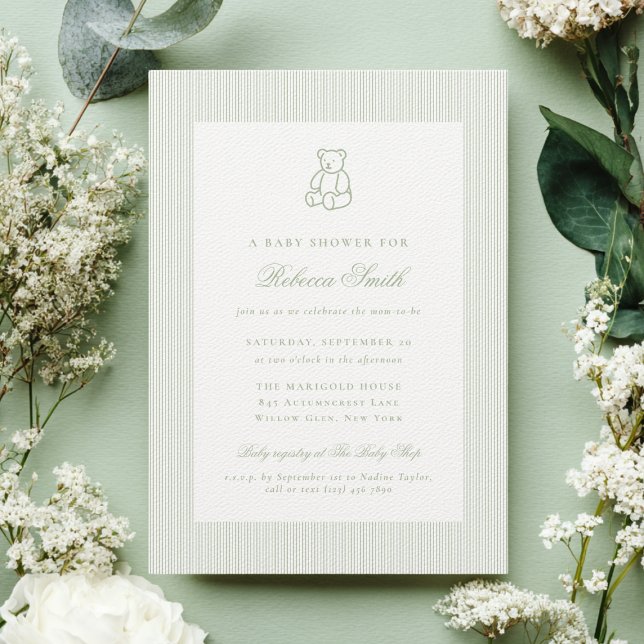Eleganten Baby Shower Grönt Nalle Preppy   Inbjudningar (Skapare uppladdad)