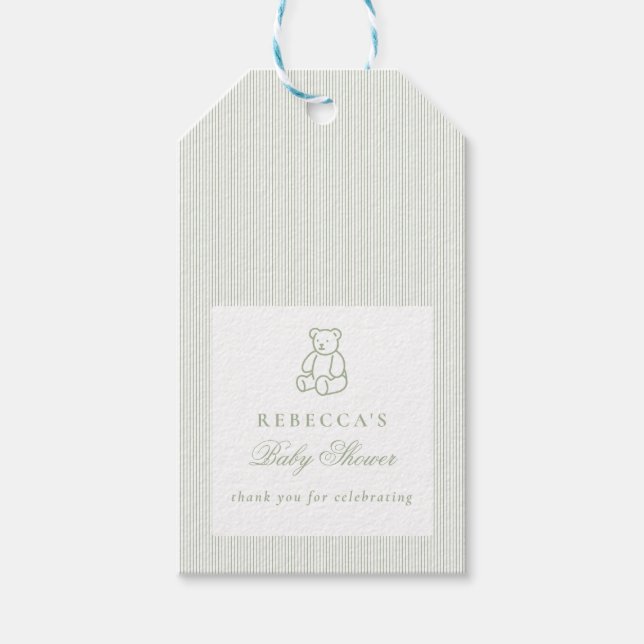 Eleganten Baby Shower Grönt Nalle Preppy   Presentetikett (Framsidan)