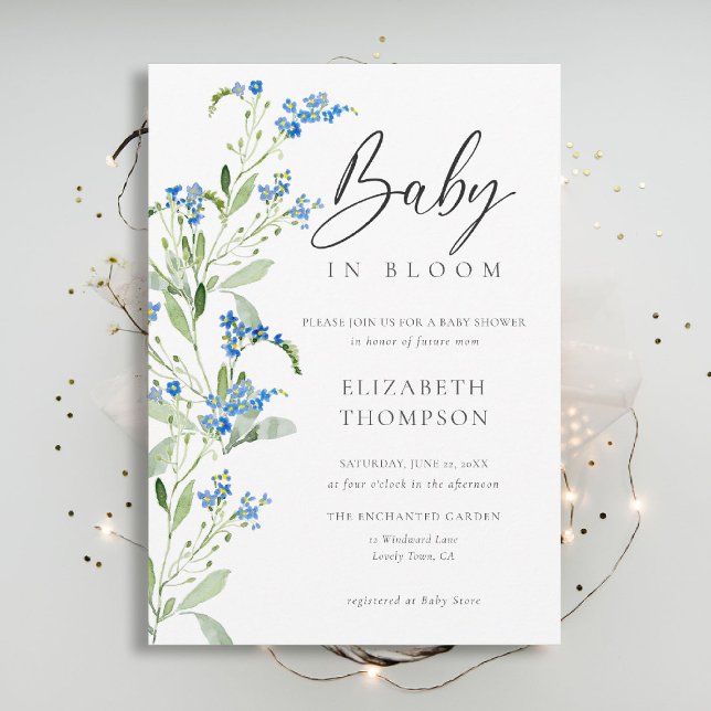 Eleganten Bebisdusch för Blommigt av Wildblomma, b Inbjudningar (wildflowers baby shower invitation blue in bloom watercolor arch elegant garden rustic chic boho)