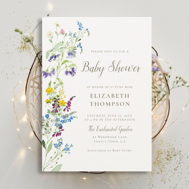 Eleganten Bebisdusch för färgämnen i Wildblommor Inbjudningar (wildflowers baby shower invitation elegant garden party colorful happy watercolor rustic chic boho)