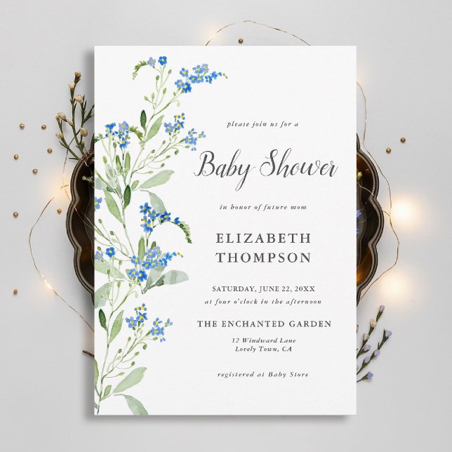 Eleganten Bebisdusch för Wildblomblått Blommigt Ar Inbjudningar (wildflowers baby shower invitation delicate blue watercolor arch elegant garden rustic chic boho)