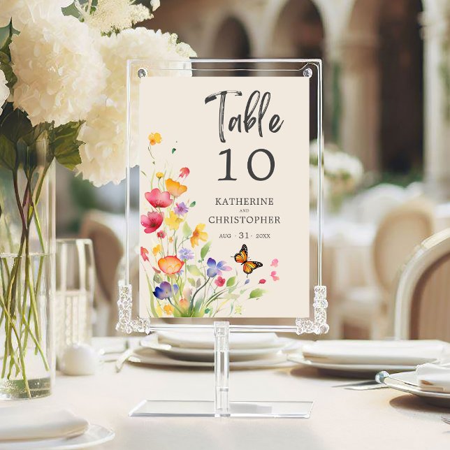 Eleganten Beige Bröllop Bordsnummer (Colorful Wildflowers Wedding Reception Table Number with purple, orange, red, yellow flowers.)