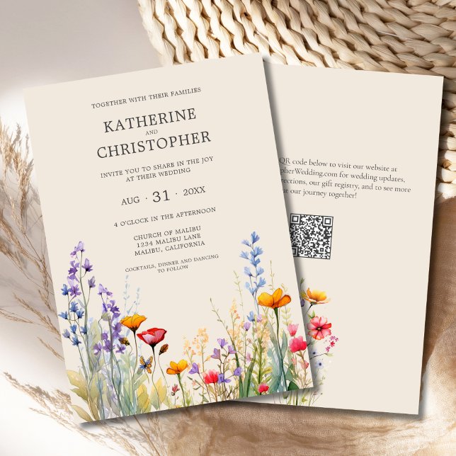 Eleganten Beige Bröllop Inbjudningar (Colorful Watercolor Wildflowers Elegant Wedding Invitation with purple, orange, red flowers, QR code)