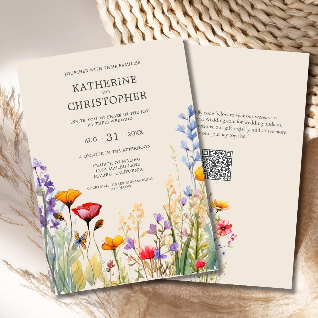 Eleganten Beige Bröllop Inbjudningar (Colorful Wildflowers Elegant Beige Wedding Invitation with purple, orange, red, butterfly, QR code.)
