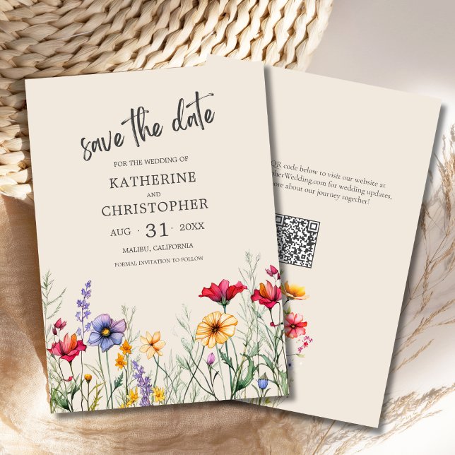 Eleganten Beige Bröllop Spara Datumet (Colorful Wildflowers Elegant Wedding Save the Date with purple, yellow, red flowers, QR code.)