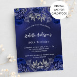 Eleganten blåa blommor vid dagflottan inbjudningar<br><div class="desc">En marin blå bakgrund,  dekorerad med blå ro,  blommor. Den blå färg är ojämn. Anpassa och lägg till information om namn och party. Baksida: flottblått och faux silver-gnistor.</div>
