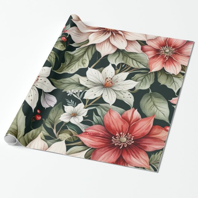 Eleganten Black, färgad julblommor Presentpapper (Utrullad)